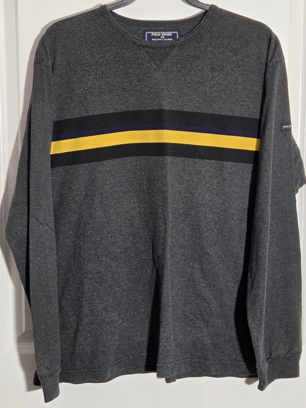 VTG Polo Sport Ralph Lauren Men L Gray Stripe Long Sleeve  Y2K 90s 100% Cotton